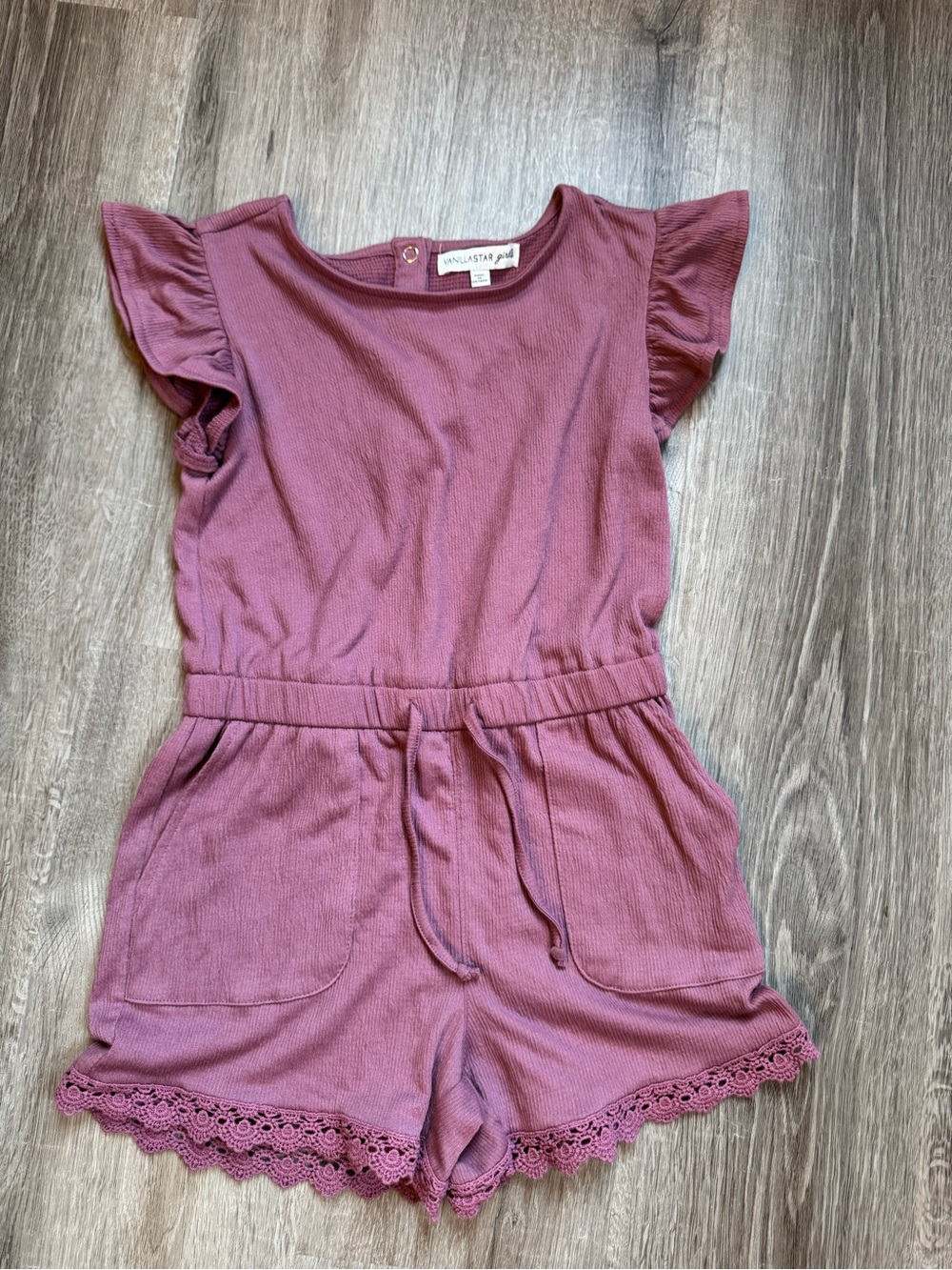 Vanilla Star Mauve Flutter-Sleeve Lace-Hem Romper